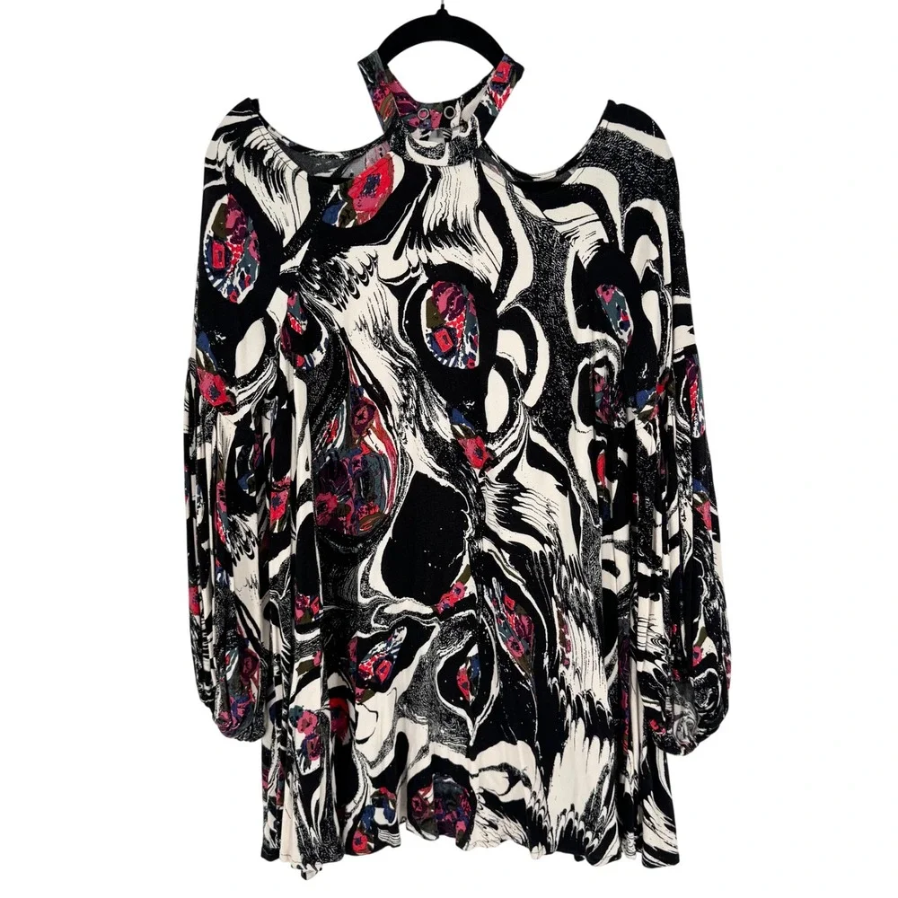 Free People Drift Away Top/Dress High Neck Peekaboo Shoulder Balloon Sleeve Sz S